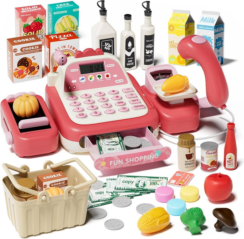 STACTCUTE 49PCS Pretend Play Cash Register Toy Set for Kids with Real Calculator,Scanner,Microphone,Conveyor Belt,Weighing Tool,Cashier Playset Realistic Gift for Toddler Kid Ages 3 4 5 6 7 8（Pink） - Image 1